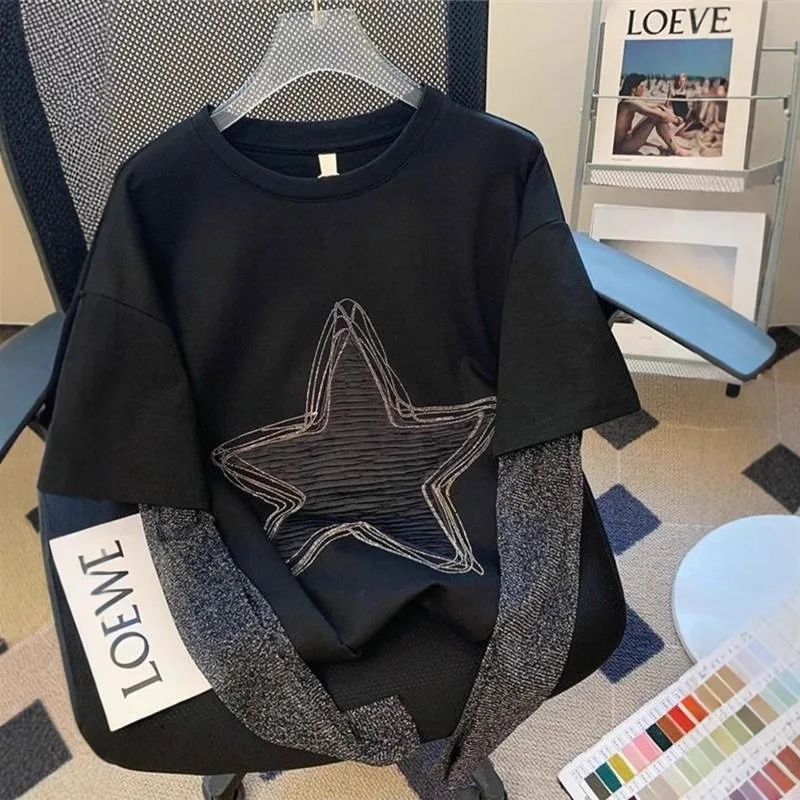 Spring and Autumn Hot-selling Women's Loose Slimming Fake Two-piece Long-sleeve T-shirt American Retro Star Print Casual