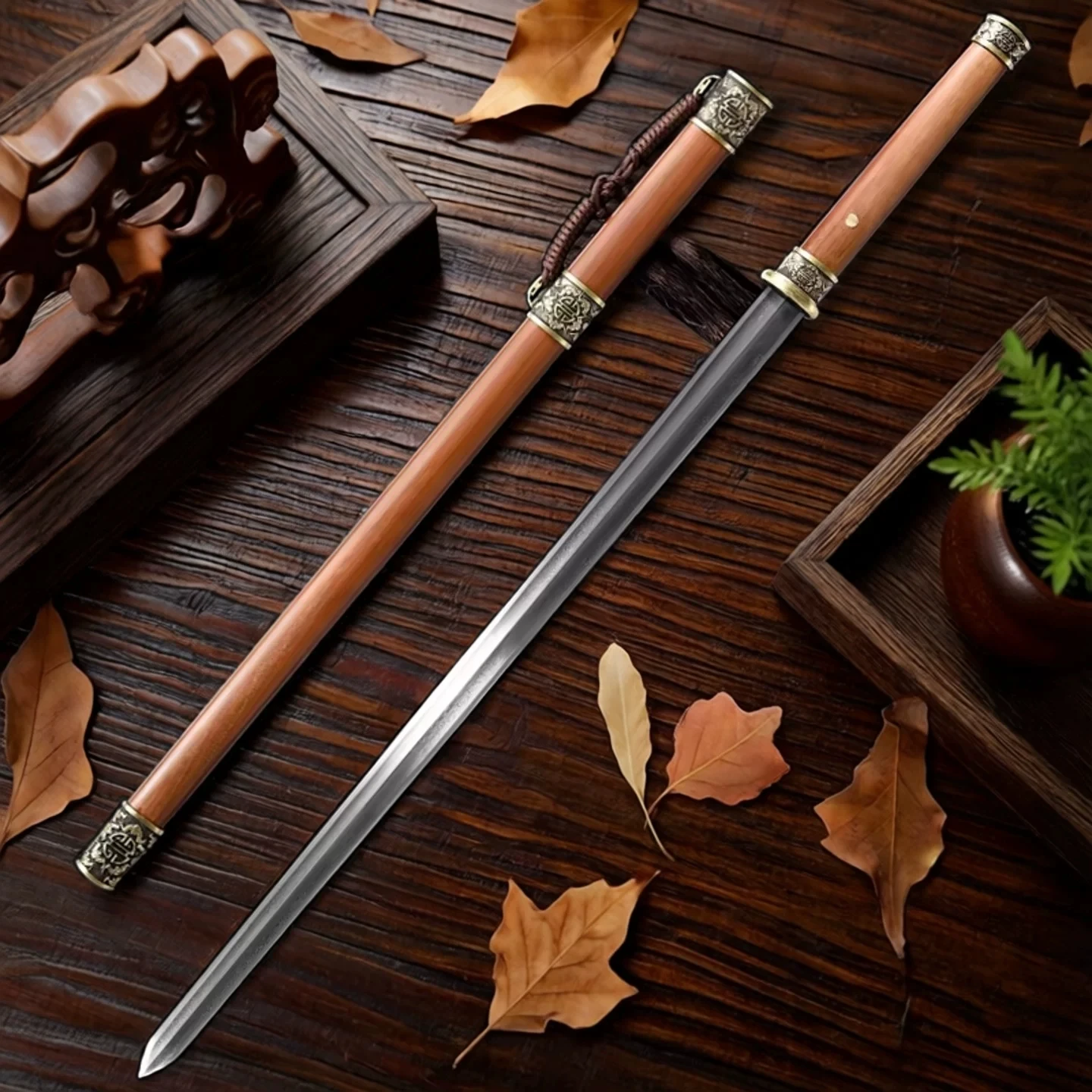 Handmade Full Tang Forged Blade Fortune Cloud Longevity Sword Wood Scabbard Home Collection Sword Free Sword Stand As Gift