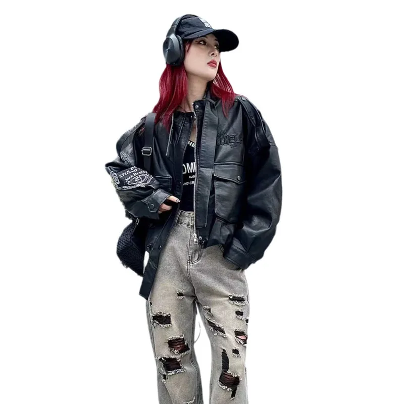 فضفاض المرأة السائق Sle Jaet عادية شارع العليا Faion الخريف الشتاء جديد وصول بولي معطف معطف جلد مع kets للنساء