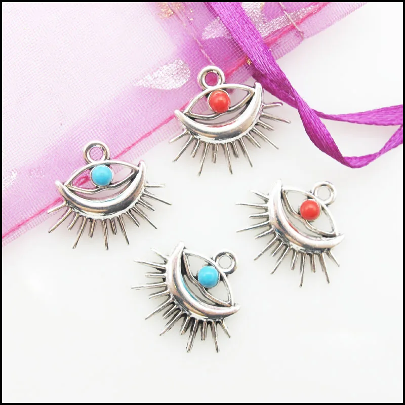 15 New Moon Eye Charms Antique Silver Tone Blue&Red Stone Pendants 18x20mm