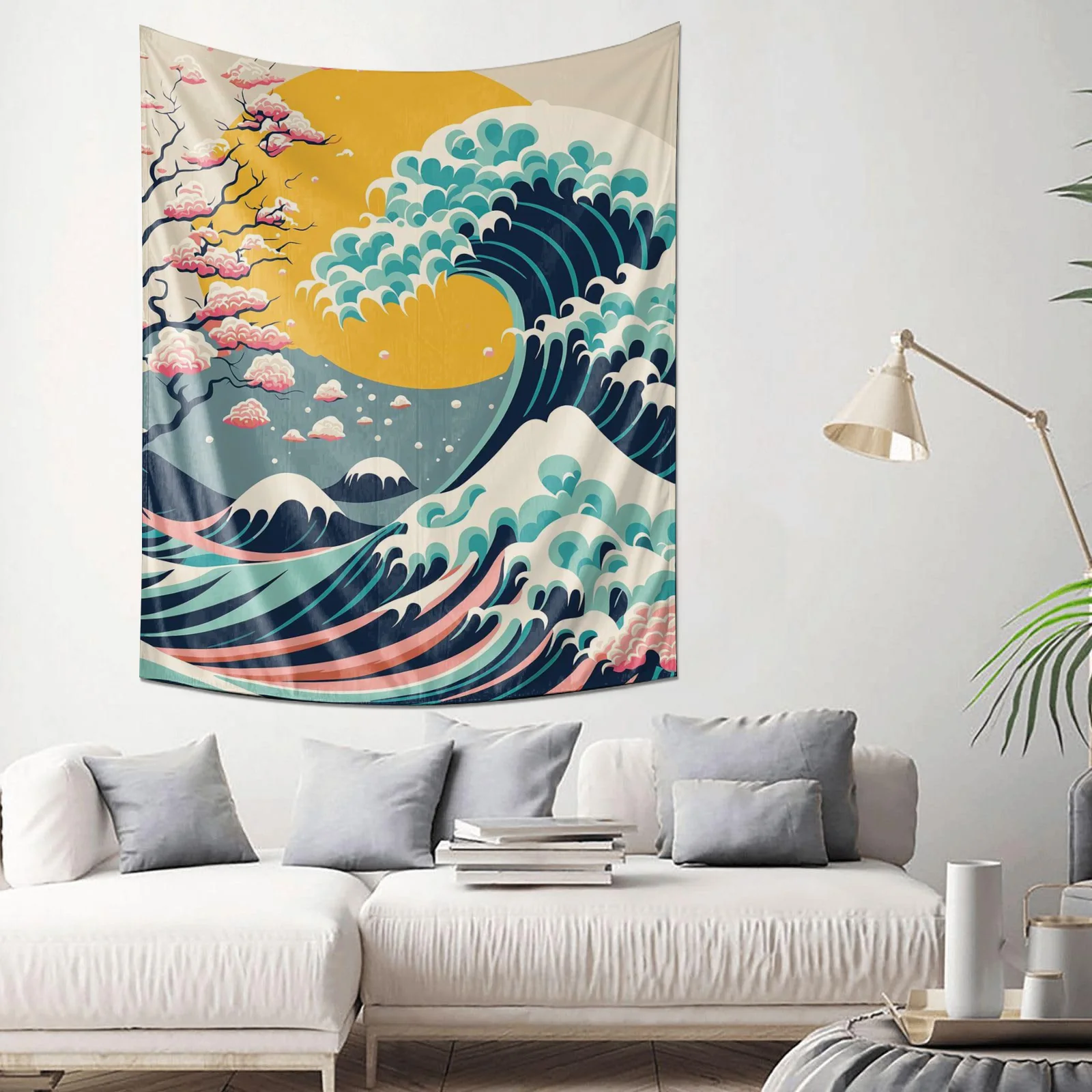 

Japanese Wave Cherry Blossom Tapestry, Artistic Home Decor with Sea Waves & Cherry Blossoms, New Choice for Wall Beautification