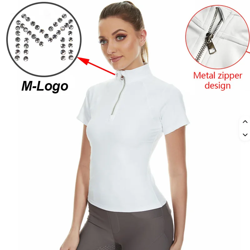 

M LOGO Horse Riding Short Sleeve Tops Zipper Equestrian Blouse Competition Sports T Shirts Breathable Training Rider Clothing