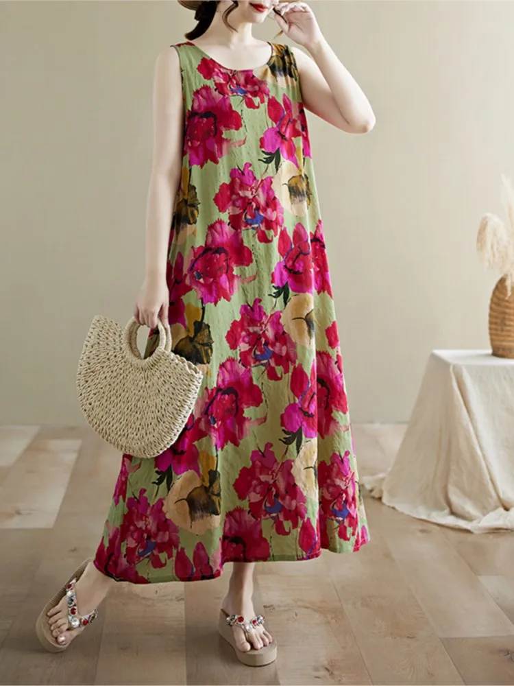 ขนาดใหญ่ฤดูร้อนแขนกุด A-Line ชุดผู้หญิงดอกไม้พิมพ์ดอกไม้แฟชั่นหลวมสบายๆสุภาพสตรีชุด Ruffle ชุดผู้หญิง