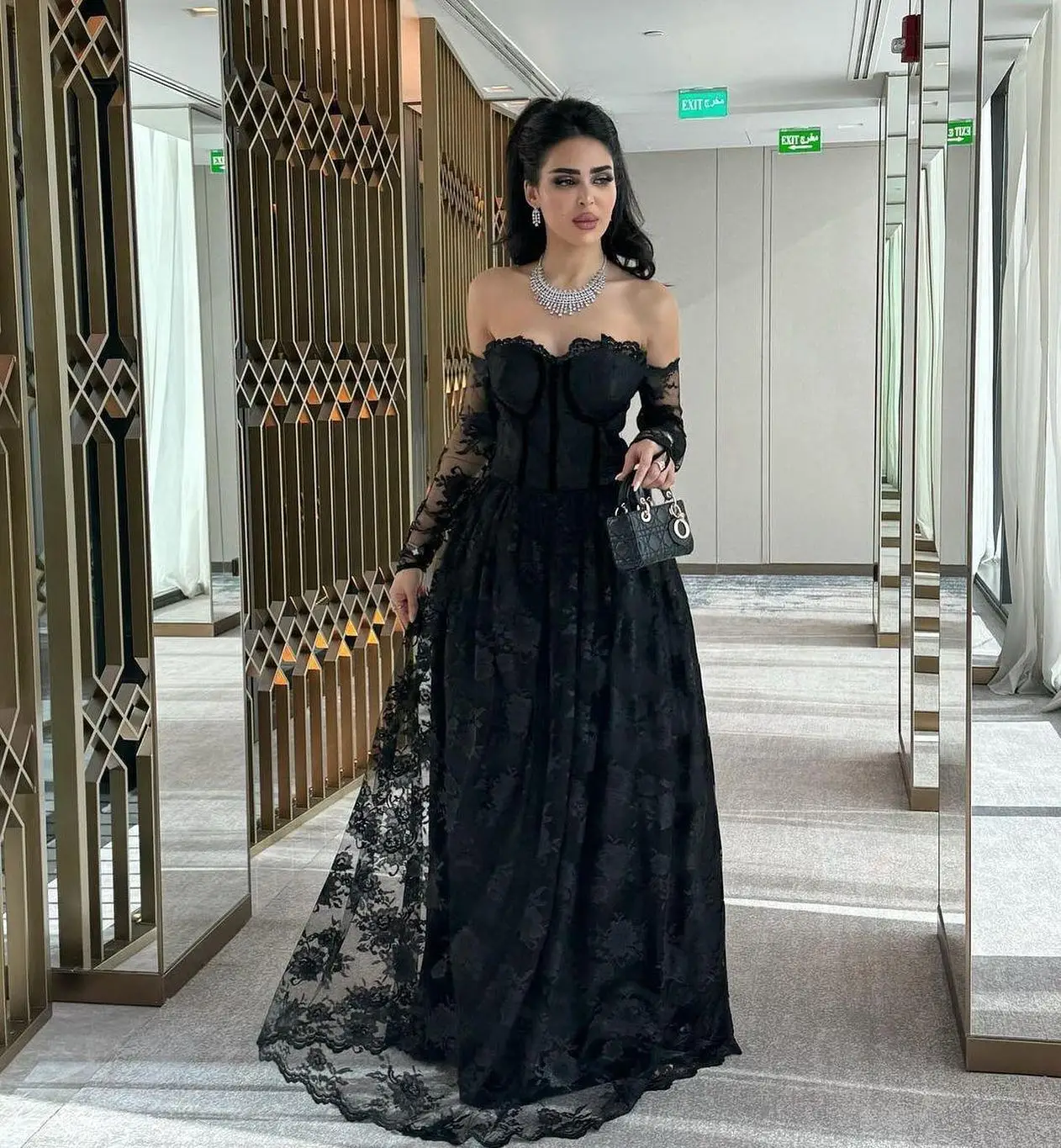 Customized Lace Straight Off the Shoulder Evening Dress Strapless Floor Length Long Sleeves Black Panel Train Temperament