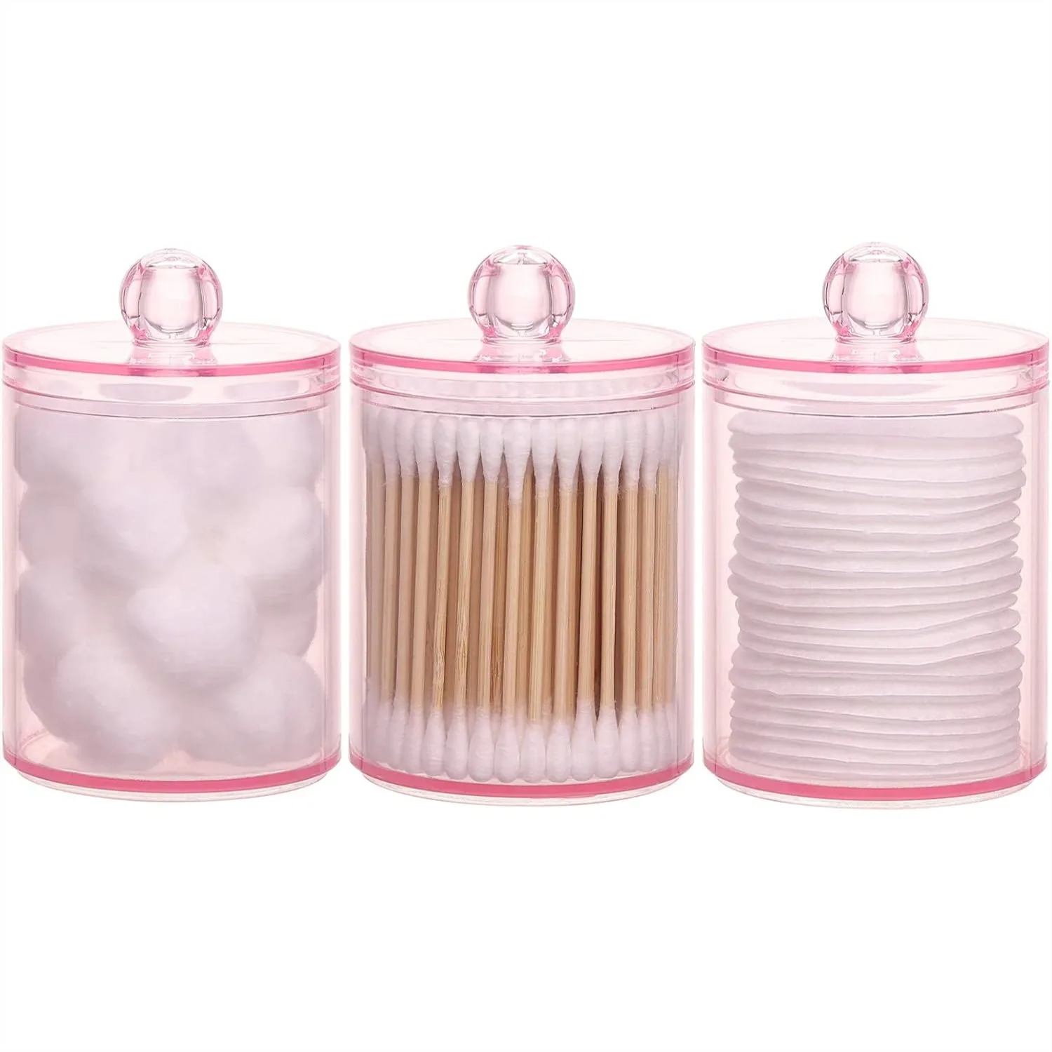 

3 Pack Cotton Swab Ball Pad Holder, 10 Oz Qtip Apothecary Jar Pink Makeup Organizer, Bathroom Containers Dispenser
