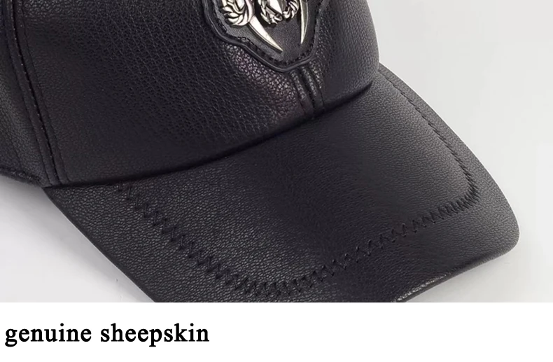 Men\'s Fashionable Sheepskin Kpop Baseball Cap Youth Metal Badge Leisure Genuine Leather Hat Male Outdoor Motorcycle Hockey Bone