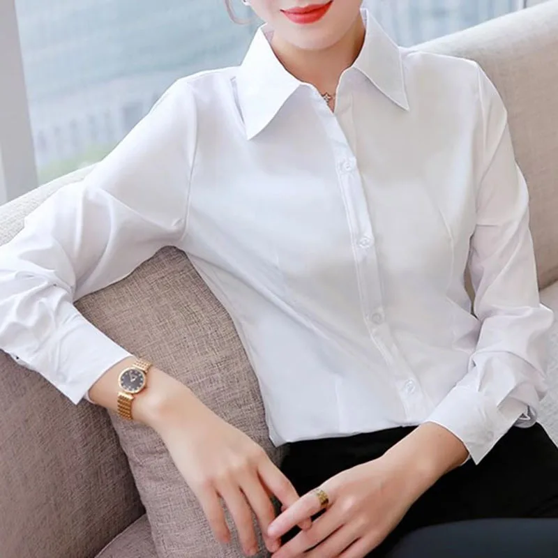 White Long-Sleeved Shirt for Women's Business Wear; Workwear for Interviews; Stretchy Business Attire for Women; Blouse