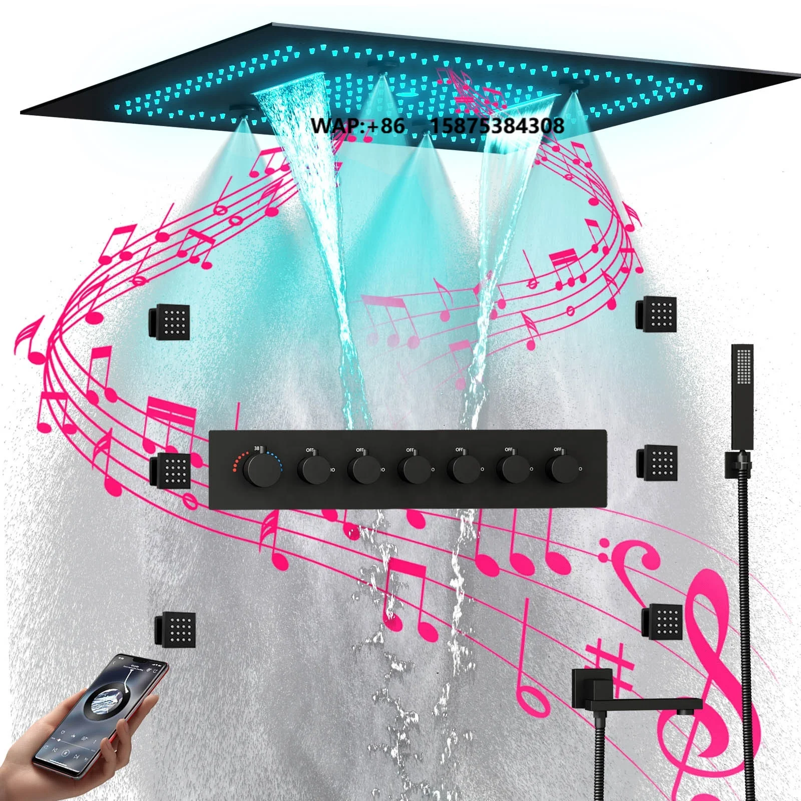 NEW 6 Functions Bathroom Shower Faucet Black 24inch LED Music Shower Head Wall Mounted Thermostatic Shower Set