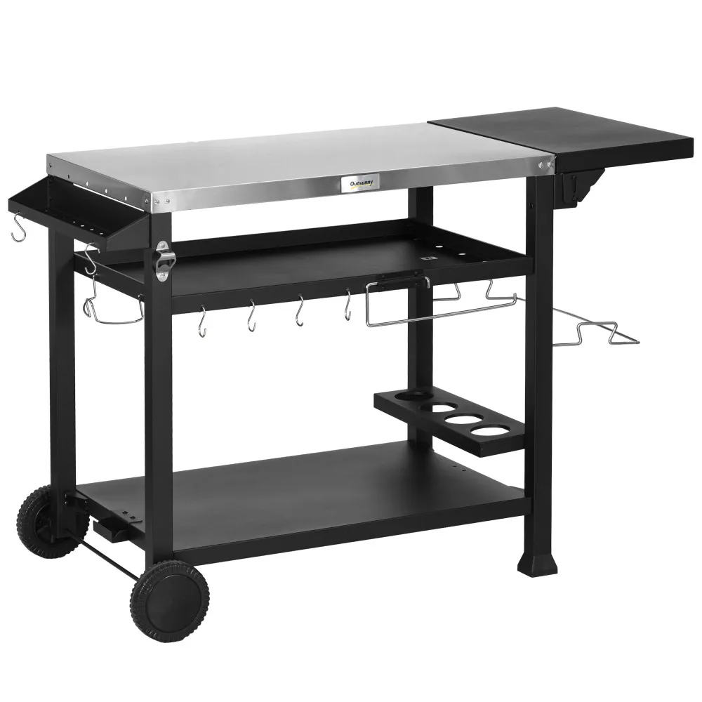 

Outdoor Grill Cart with Foldable Side Table, Multifunctional Stainless Steel Pizza Oven Stand, Movable Food Prep Table