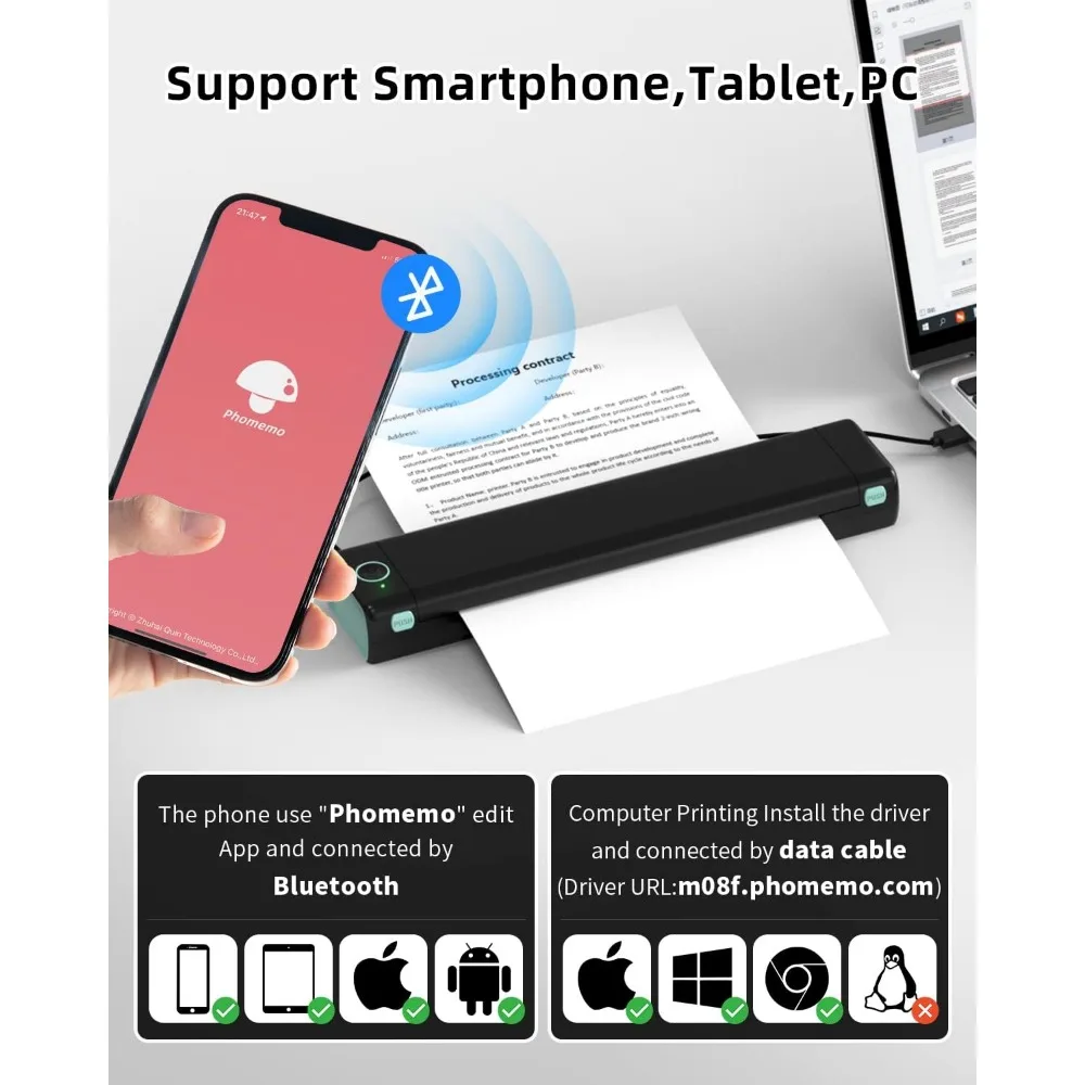 M08F Portable Printers Wireless for Travel, Support 8.5" X 11" US Letter,Bluetooth Thermal Printer Compatible with iOS