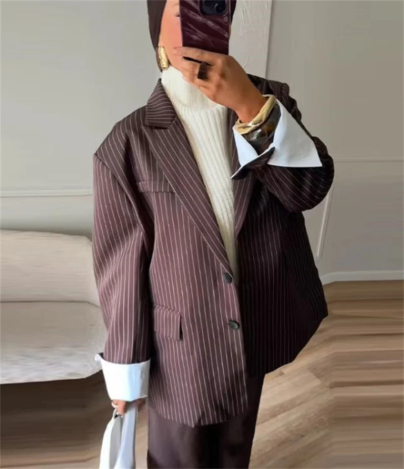 Abito da donna - Blazer versatile a due bottoni vestibilità ampia a righe marroni stile Blogger Abbigliamento da donna alla moda primaverile e autunnale