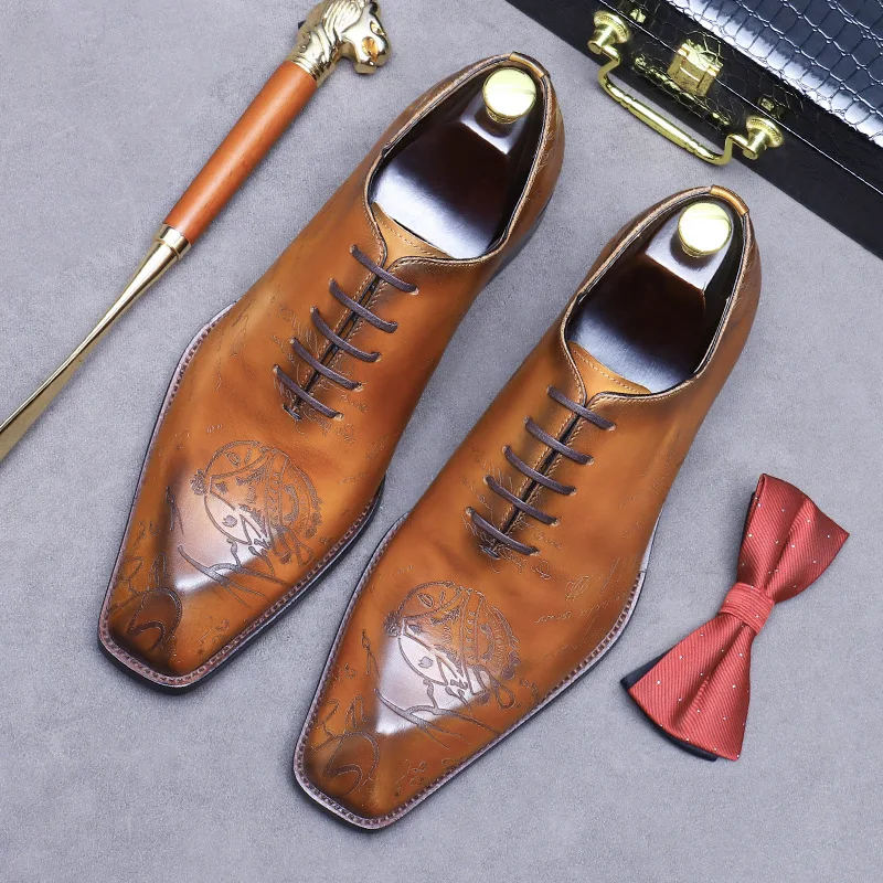 

Whole Cowhide Genuine Leather Oxford Cowhide Lining Men's Formal Business Leather Shoes Embossed Printing High-End Men's Shoes