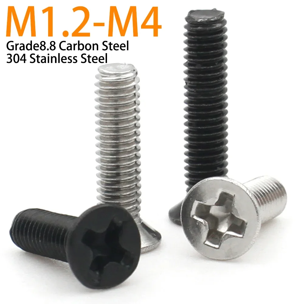 

50pcs M1.2 M1.4 M1.6 M2 M2.5 M3 M3.5 M4 8.8 Carbon Steel 304 Stainless steel Cross Phillips Flat Countersunk Head Screw Bolt