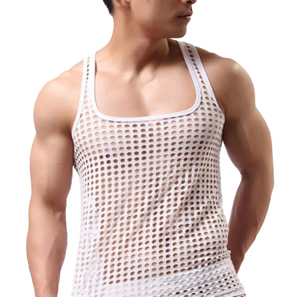 Sexy Men Vest Hollow Out Mesh Sleepwear Fish Net Pure Color Vest