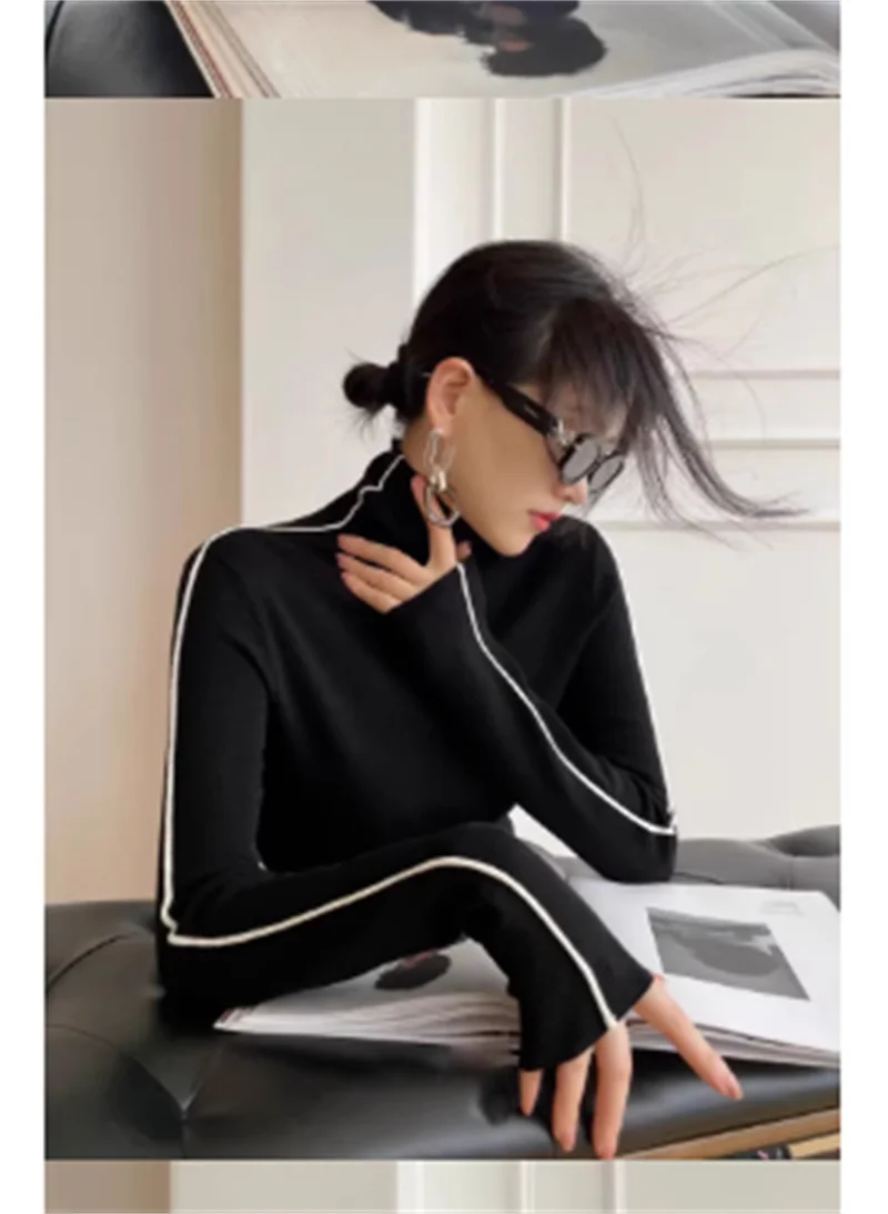 

French Black Contrasting High Neck Knitted Base Sweater for Women with a Niche Design Sense, Stacked Collar, Inner Sweater, Autu