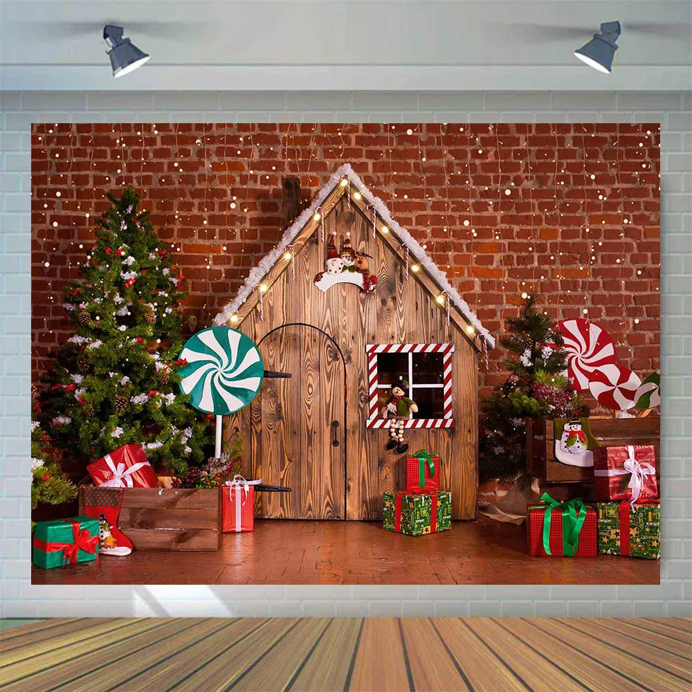 Mocsicka fondo de fotografía de Navidad para bebés y niños, pared de ladrillo, suelo de madera, caja de regalo de Navidad, Retrato, accesorios de fotografía