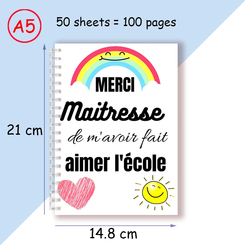 A5 Spiral Notebook Merci Maitresse French Letter Word Teacher\'s Day Gift Thank You Super Atsem Maîtresse For Writing Note Book