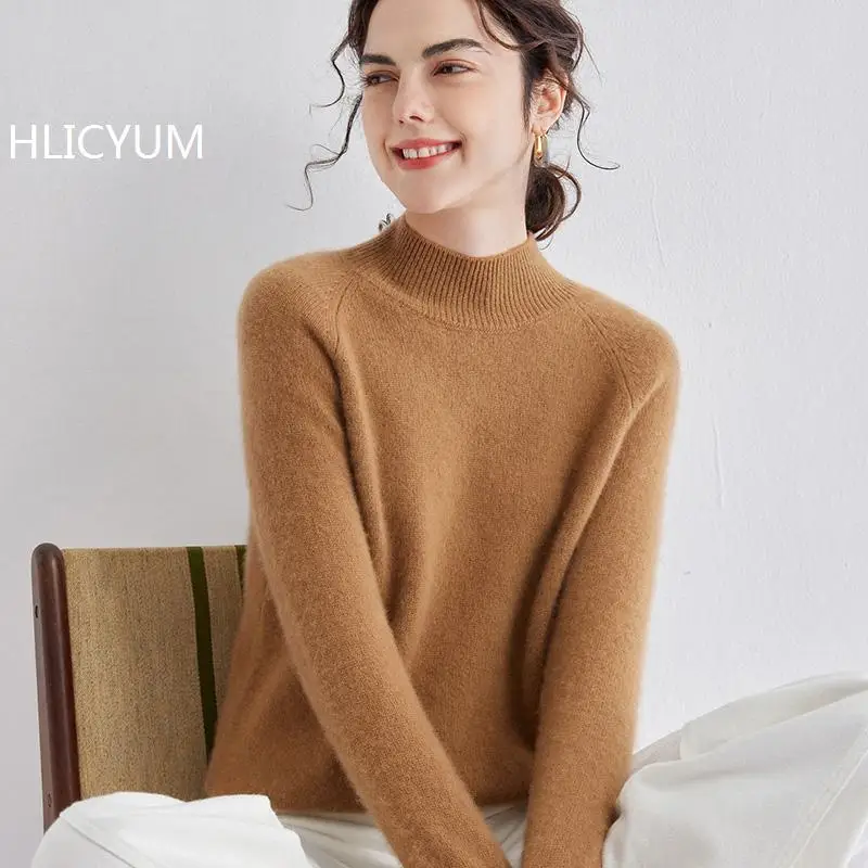 

Women's 100% Cashmere Sweater Autumn/Winter Casual Solid Thick Knit Loose Wool Top Semi High Neck Jumper Base Pullover Blouse
