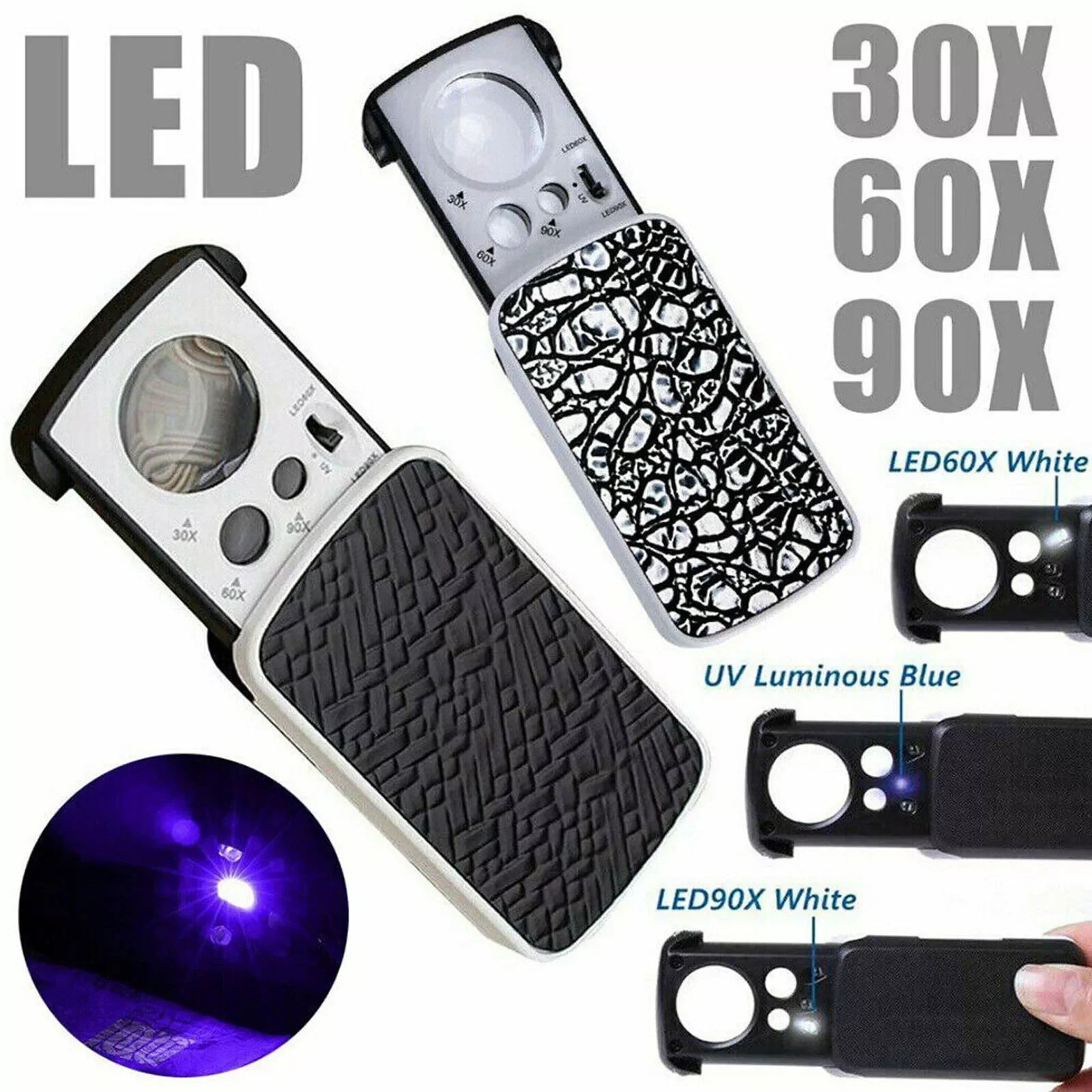 30x 60x 90x Jewellers Loupe LED Magnifier Loop Side Light Magnifying Glass Lens