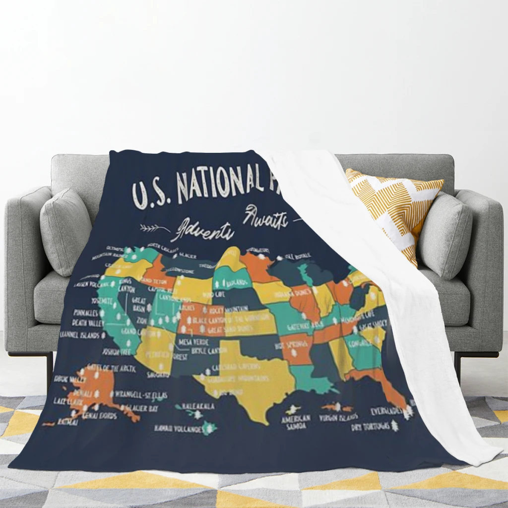 U.S National Parks Map - Adventure Awaits Comfortable Flanne Blanket Soft comforter sets throw for Couch Warm Summer