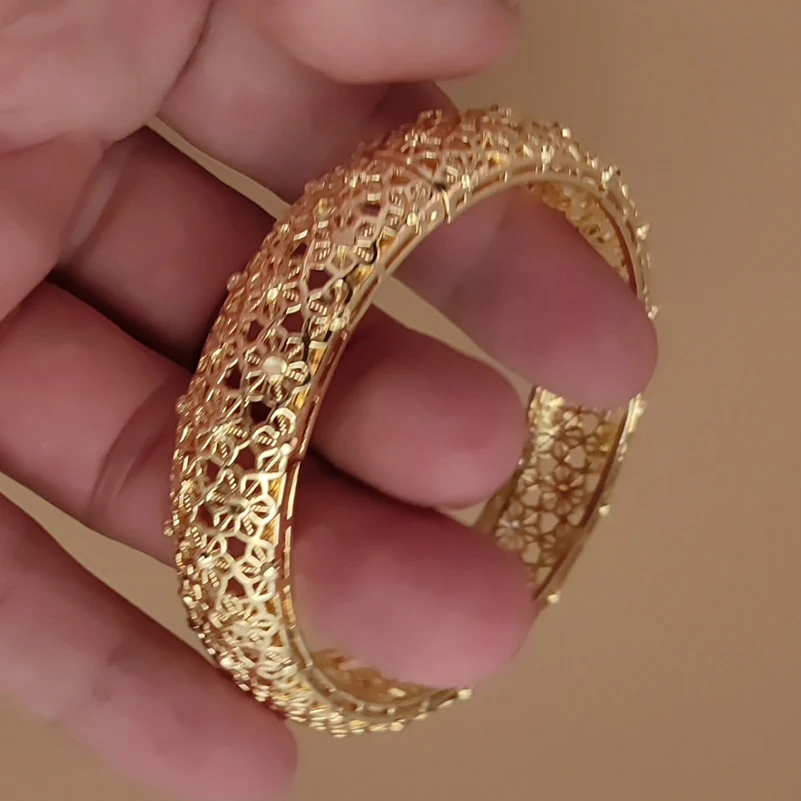 24K Flower Gold Color Bangles For Women African Ethiopian Bracelets Wedding Square Jewelry Party Gifts Bijoux Comorien Dubai