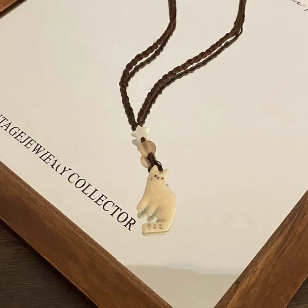Korean Style Retro Cat Necklace Charms Jewelry Accessories Beaded Necklace Minority Design Small Ornament Clavicle Chain Student