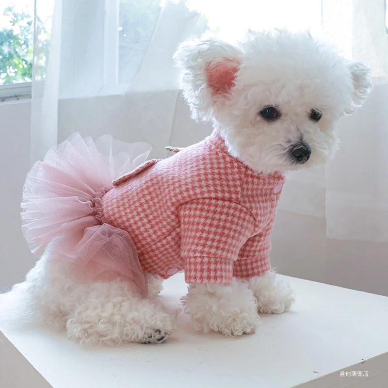 1PC Pet Clothes Cat Autumn and Winter Thick Pink Plaid Princess Dress with Tow Buckle Suitable for Small and Medium sized Dogs