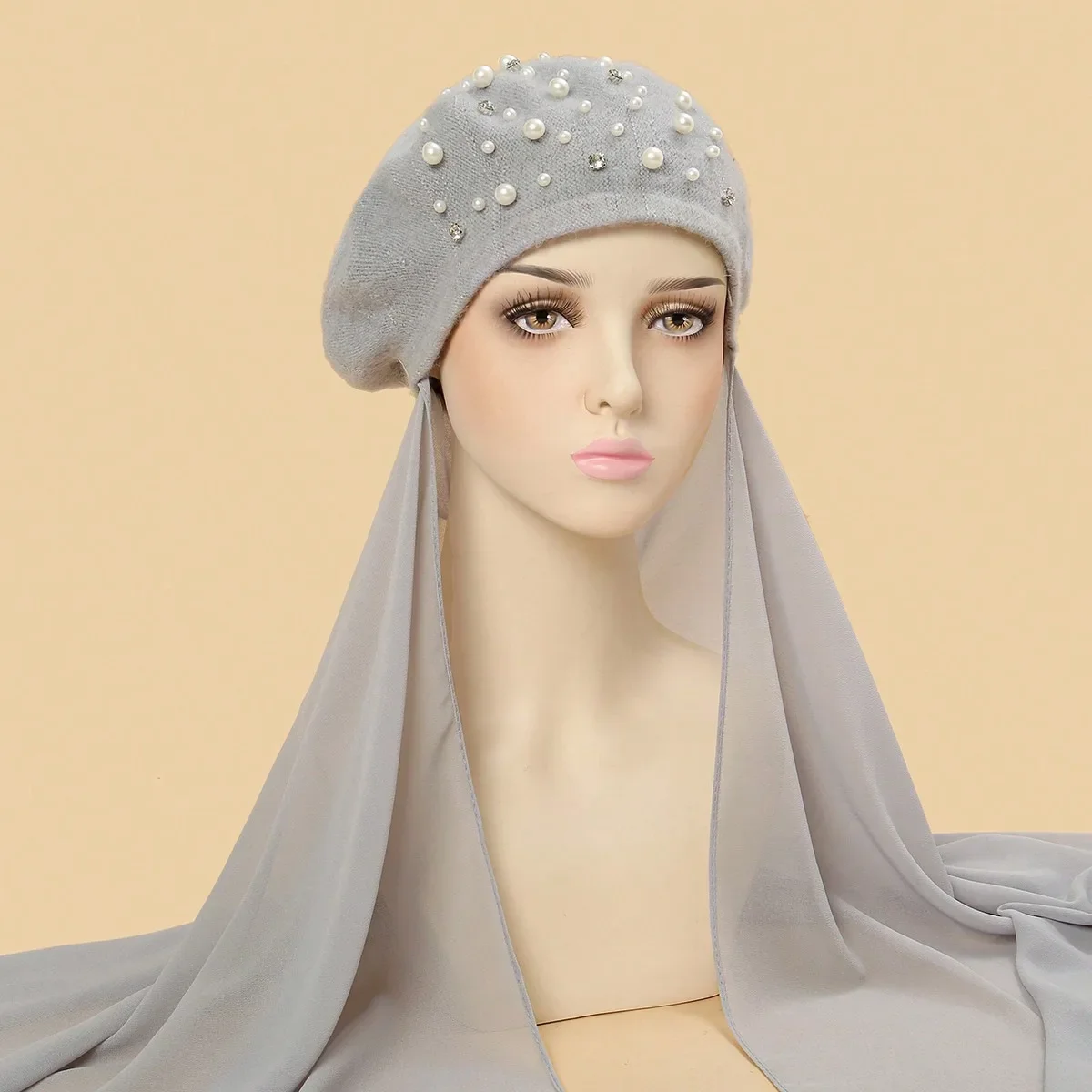 

Muslim Women Chiffon Hijab Headscarf with Pearl Beret Cap Bonnet Islamic Head Wrap Ready To Wear Instant Turban Headwear Scarf