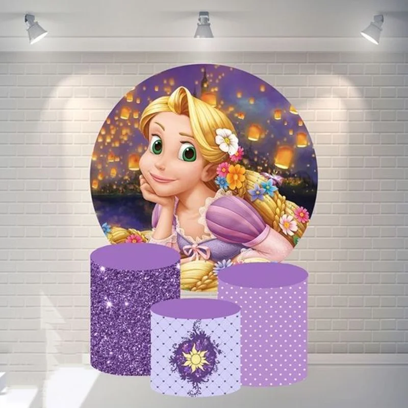 Blond Rapunzel Princess Round Circle Backdrop for Girl Happy Birthday Decor Candy Table Banner Covers