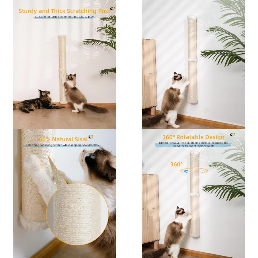 

34-дюймовый настенный когтеточка для кошек с высокой сизалевой стойкой для активных кошек в помещении Прочная мебель для растяжки и