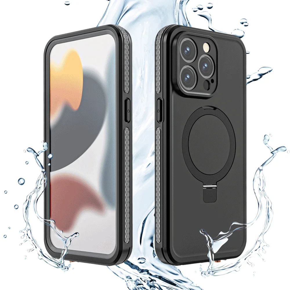 

Waterproof Case for iPhone 15 Pro Max with Metal Stand, Shockproof Underwater Full Sealed Cover, Magnetic Wireless Charging Case