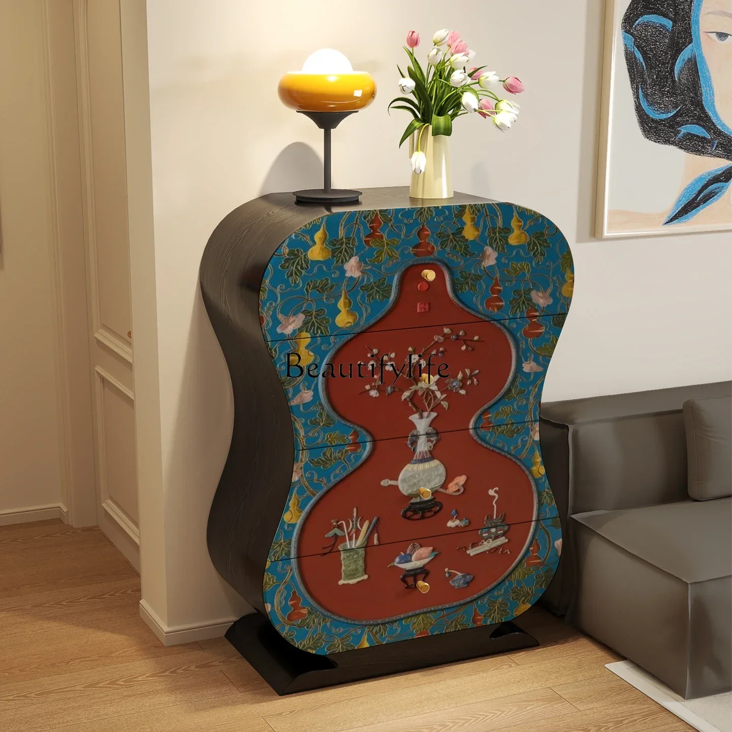 

56 Chinese solid wood four-bucket gourd cabinet, side cabinet next to the sofa