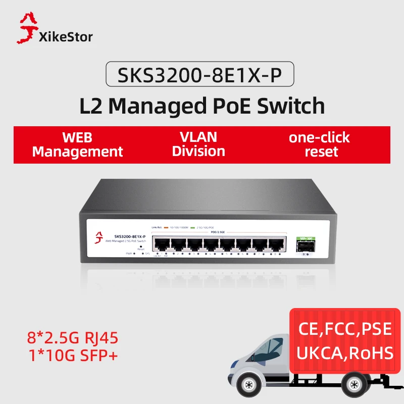 XikeStor 8-port 2.5G Managed PoE+  with VLAN, QoS, LACP, STP, IGMP, Multi-Gigabit Ports for High-Performance, poe switch