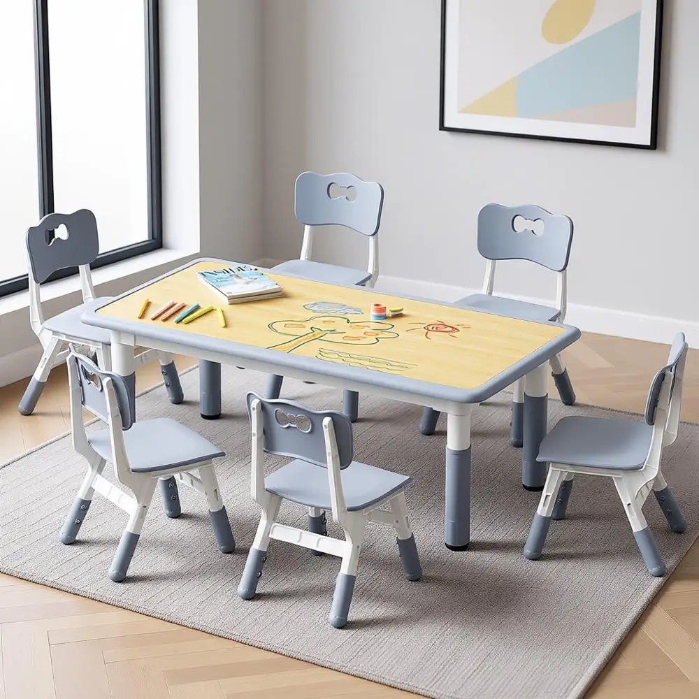 

Height-Adjustable Toddler Table and 6 Chairs Set, Graiti Multi-Activity Desk for Ages 2-8, Suitable for Home, Classroom, and Day
