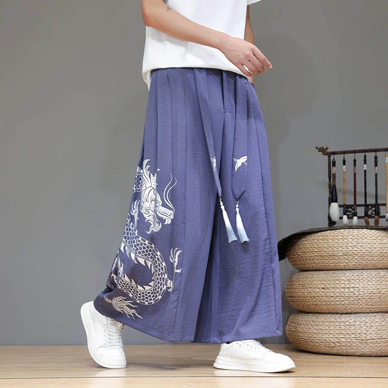 Men Wide leg Pants Spring Summer Printing Vintage Trousers Male Elastic Waist Casual Harem Pants Men Women Pants Harajuku