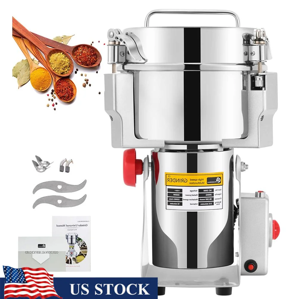 High Speed 3600W Commercial Grinder 2500g Capacity Swing Type Electric Spice Grain Wheat Flour Mill Safety Design 3-Layer Blades