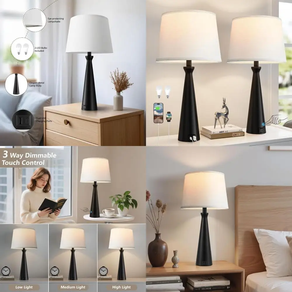 

Pair of 3-Way Touch Control Table Lamps with USB & C Ports, Dimmable for Bedroom, Living Room
