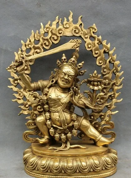 

12" Tibet Brass Temple Joss Protect Lotus Manjusri Mahakala Buddha Statue Set