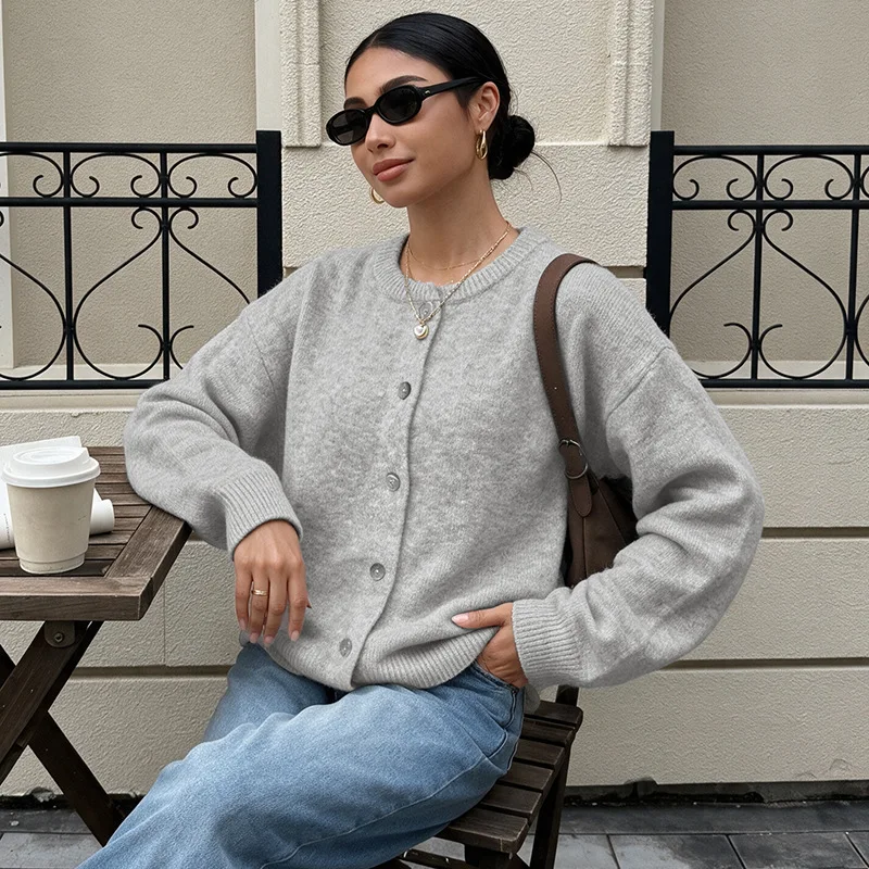 Women Cardigan Sweaters Short Coats Round Neck Jackets Full Sleeve Jumpers Y2k Streetwear Elegant Knit Open Stitch Autumn Winter