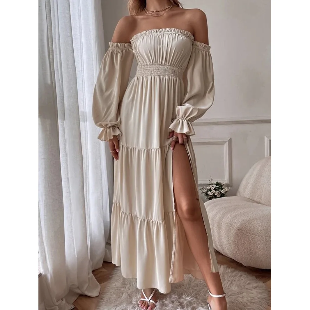 Women Bare Shoulder Ruffles Long Dress Summer Slash-neck Long-sleeved High-slit  Party Dress Female Casual Evening Maxi Dresses