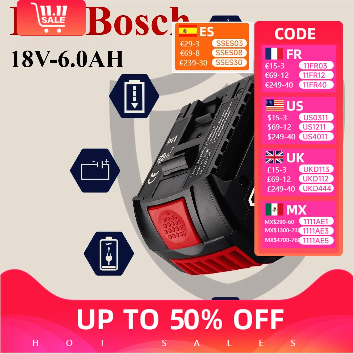 

New 18V Battery 6.0Ah for Bosch Electric Drill 18V 6000mAh Rechargeable Li-ion Battery BAT609, BAT609G, BAT618, BAT618G, BAT614