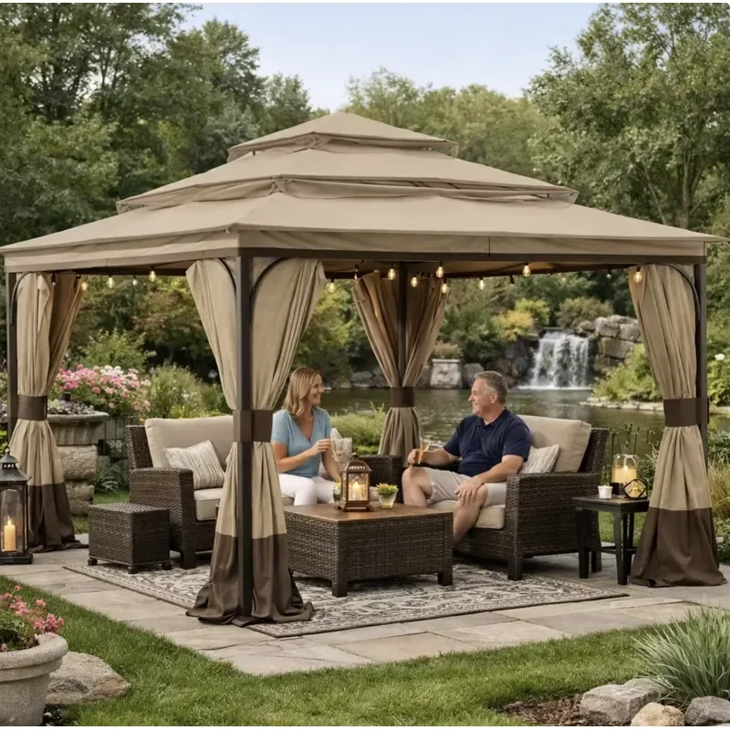 Deluxe 12x12m three-story rooftop pavilion with net curtains and curtains, outdoor canopy tent, metal frame pergola, suitable