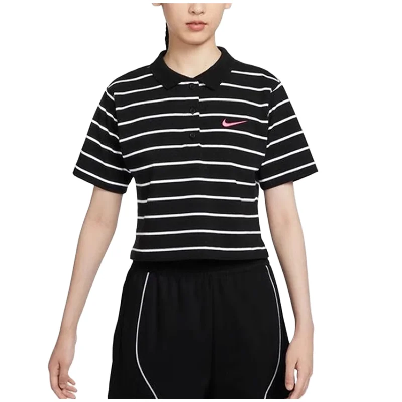 

NIKE 2024SS Polo Shirt Women's Black Pure cotton Stripes Short sleeve Lapel T-shirt HM4649-010