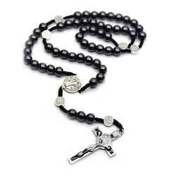 QIGO Hematite Strand Woven Crucifix Pendant Necklace Saint Benedict Rosary For Men Women Religious Jewelry