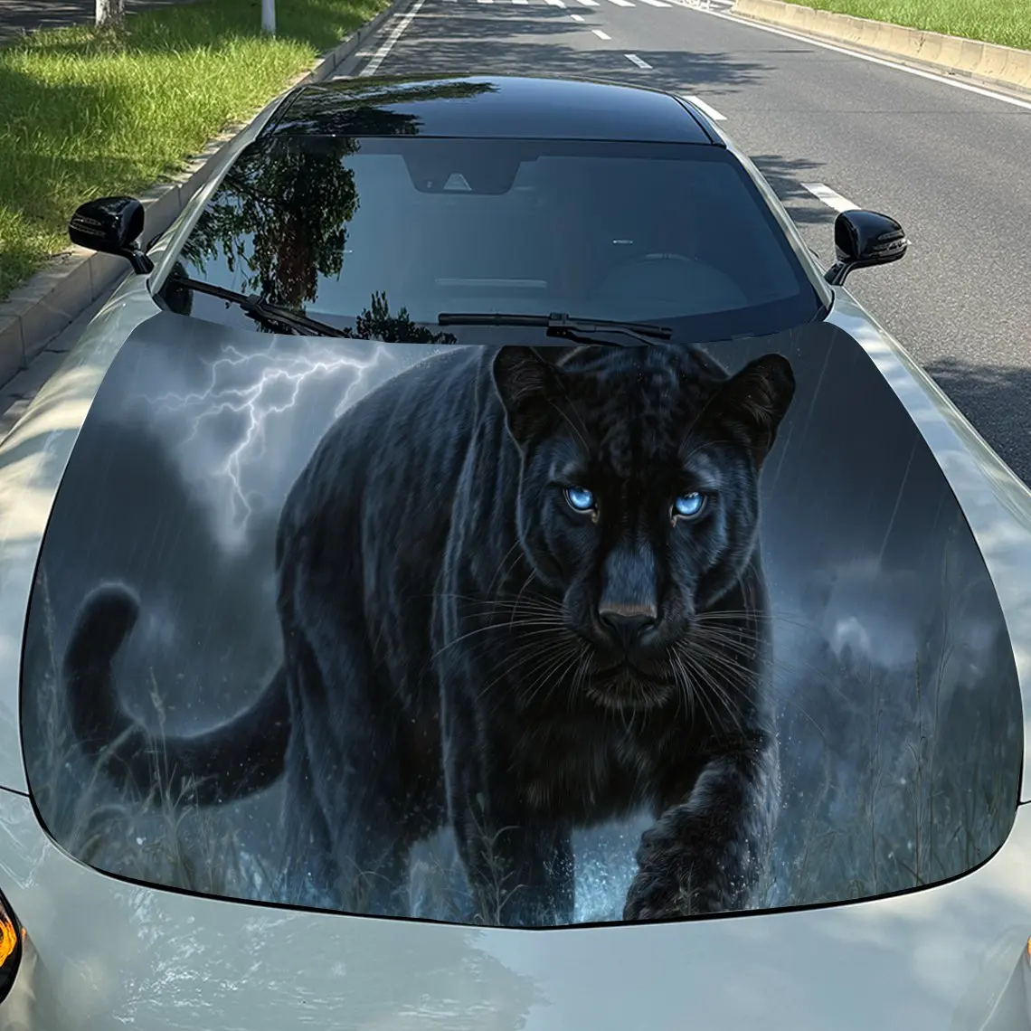 

Thunderstorm Lightning Blue-Eye Panther Majesty PVC Car Engine Hood Vinyl Wraps, Self-Adhesive Waterproof Car Hood Decal Sticker