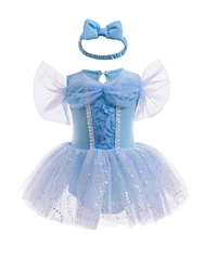 Blue Baby Girl Summer Dress Small Flying Sleeve Sequined Round Neck Bodysuit With Headbands 3-12M