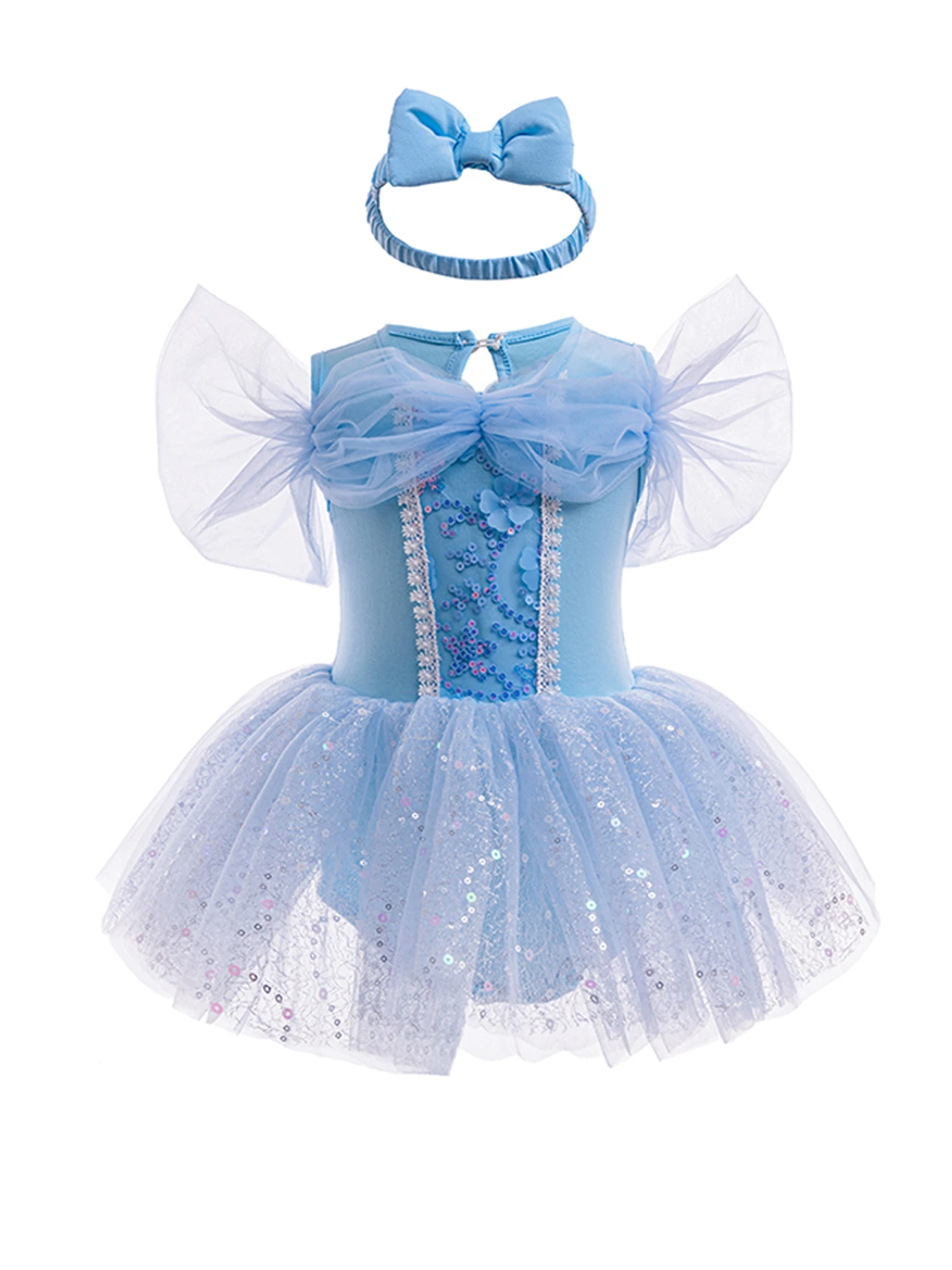 Blue Baby Girl Summer Dress Small Flying Sleeve Sequined Round Neck Bodysuit With Headbands 3-12M