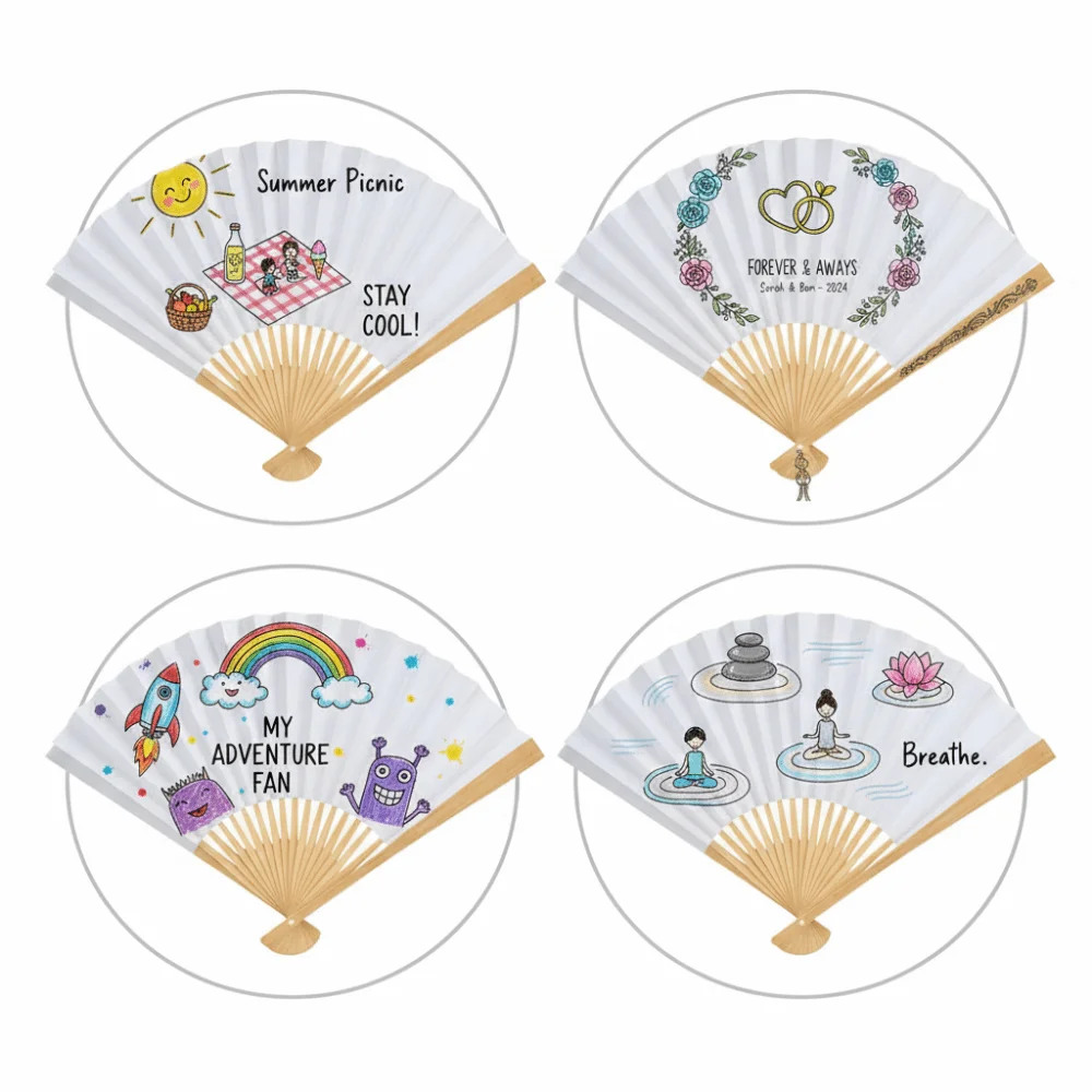 4pcs Wooden Frame Folding Hand Fans Paper Material Lightweight Handheld Folding Fans DIY Craft Fans Decorative Hand Fans
