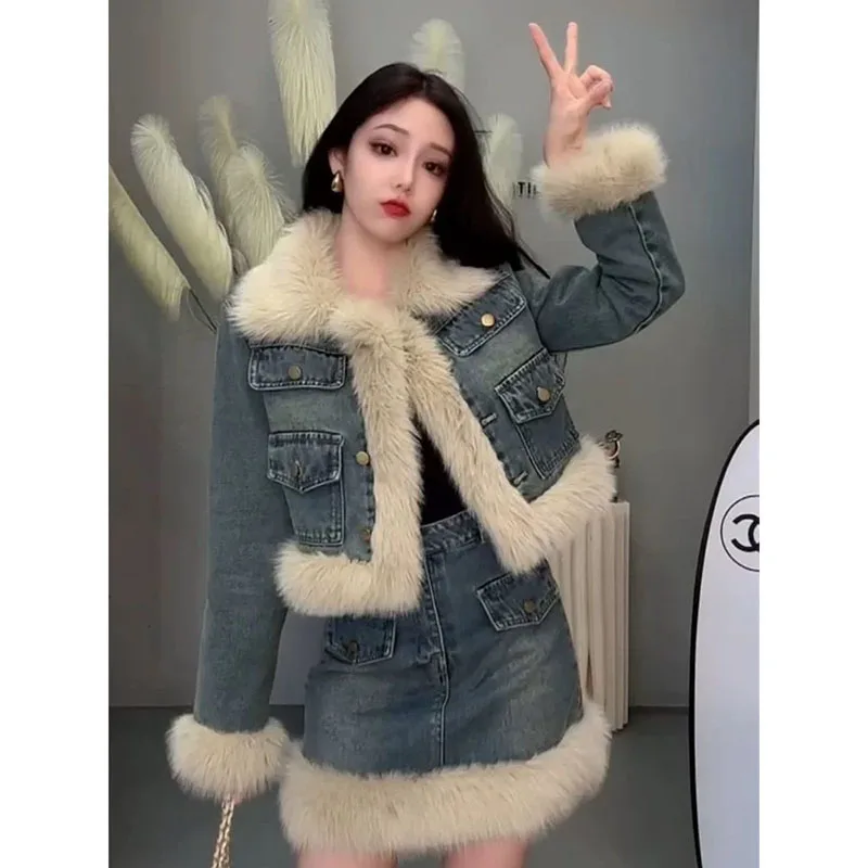 Women's Fashion Pocket Cotton Denim Suit Winter Short Denim Jacket + Skirts 2026 New Mao Mao Warm Coat Jackets One-Step Skirt