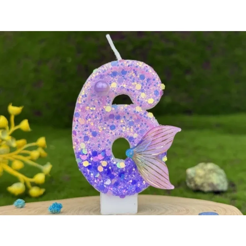 Glitter Purple Gradient Mermaid Tail Number Candles 0-9, Pearl Decor Birthday Cake Candle for Girls Birthday Party Decor view 4